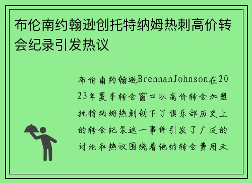 布伦南约翰逊创托特纳姆热刺高价转会纪录引发热议